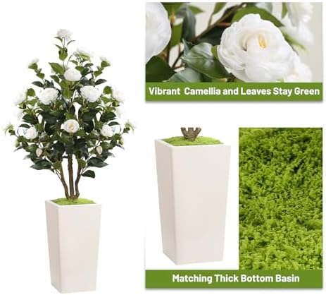 Romantic season 4FT Artificial Camellia Tree with White Tall Planter, Faux Camellia Plant Flower Tree for Modern Home Office Living Room Floor Décor Outdoor Indoor,White