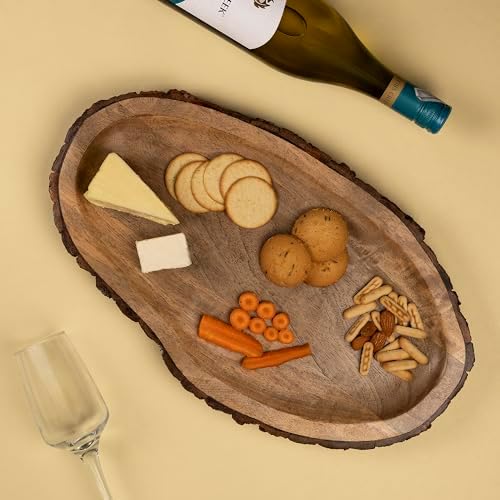 GoCraft Oval Wooden Serving Platter with Tree Bark Edges – Mango Wood Charcuterie Board, 17" x 10", Rustic Platter for Serving Cheese, Appetizers, Snacks, Fruit, and More – Perfect for Entertaining