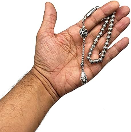 -Antique Silver Plated Collection-Worry Beads-Prayer Beads-Tesbih-Tasbih-Tasbeeh-Misbaha-Masbaha-Subha-Sebha-Sibha (Antique Silver Plated with Drop Tassel -8mm 33 Beads-)