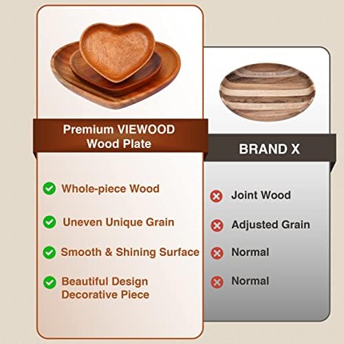 VieWood Heart Wooden Plates Set of 3 Unbreakable Classic Appetizer Plates, Easy Cleaning & Light weight for Dishes Snack, Dessert (Khaya, 4.1" & 6.3" & 8.7")