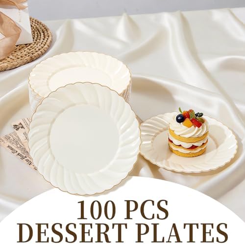 YOUBET 100Pack Ivory Scalloped Plastic Plates for Parties