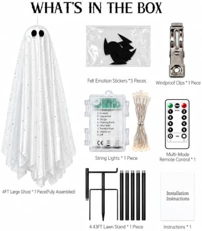Large 4ft Pre-Assembled Hanging Ghost Halloween Decorations with Warm Glow,Gh...