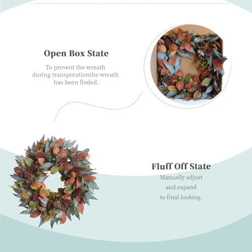 22-inch Fall Front Door Wreath Artificial Green Brown Autumn Leaf Red Thorn Fruit Fall Wreath Farmhouse Courtyard Indoor Outdoor Decoration Thanksgiving Harvest Festival Party Decoration