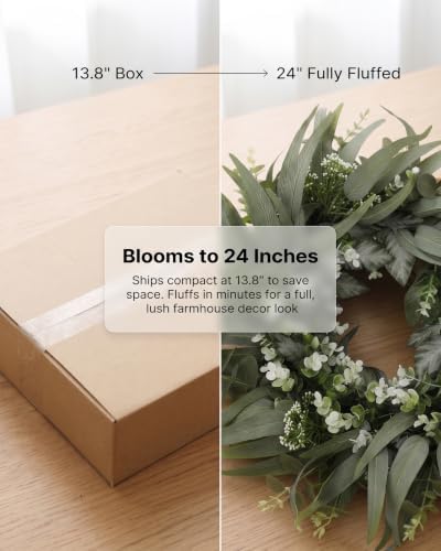24 Inch Eucalyptus Wreath for Front Door, Farmhouse Decor Wreath