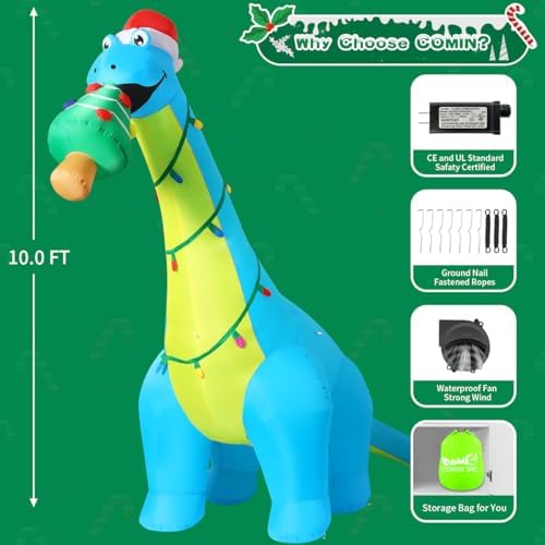 COMIN 10FT Christmas Inflatables Dinosaur with Christmas Tree Yard Decor