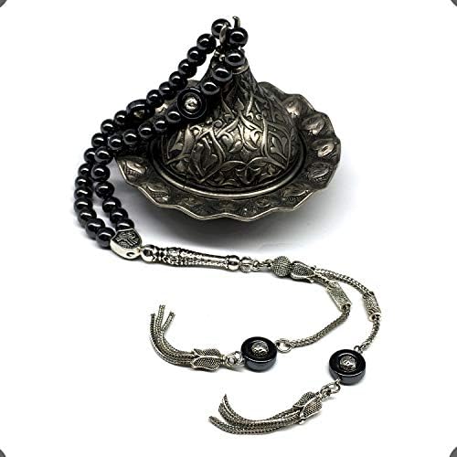 Design - Long & Stylist Tassels Worry Beads - Prayer Beads (8 mm-33 Beads) Tesbih-Tasbih-Tasbeeh-Misbaha-Subha-Sebha-Sibha-Rosary (Black Hematite - Silver Plated)