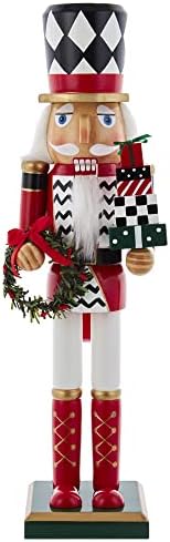 15-Inch Red, White and Black Nutcracker with Gift Box and Wreath