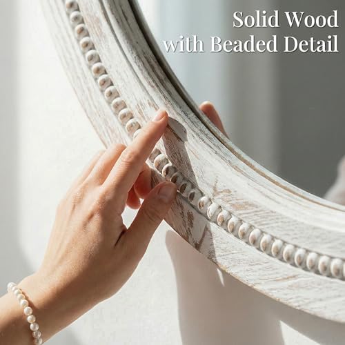 Solid Wood 30 Inch Round Beaded Bathroom Mirror, Distressed White