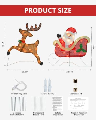 Christmas Lighted Decoration 24 Inch Reindeer with Sleigh & Santa, Xmas