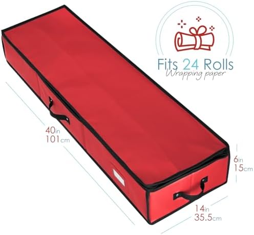 Hearth & Harbor Wrapping Paper Storage Container - Christmas Storage Bag with Interior Pockets - Gift Wrap Organizer Fits Up to 22 Rolls of 40" - Tear Proof, Red