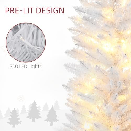 HOMCOM 8' Tall Pre-Lit Slim Noble Fir Artificial Christmas Tree White