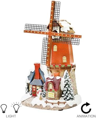 MOMENTS IN TIME Lighted Windmill Christmas Village Building LED Lights & Animation 12.2” Handcrafted House Battery Operated Holiday Decoration Gift Wrapped Ready