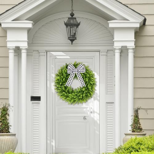 Vlorart 20" Boxwood Wreath for Front Door with Sash & Plaid Bow, Full Lush Artificial Greenery Wreath for Spring Summer Farmhouse Wall, Window & Wedding Decor
