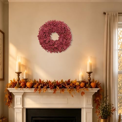 20" Burgundy Fall Wreath for Front Door, Artificial Mums Autumn Wreath