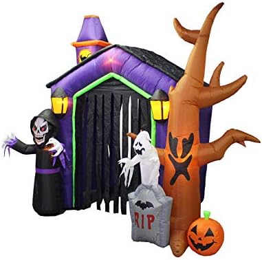8.5 Foot Halloween Inflatable Haunted House Castle with Skeleton, Ghost & Skulls