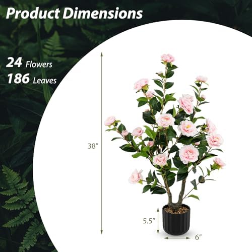 Goplus 38’’ Artificial Camellia Tree, Flower Plants Artificial Tree
