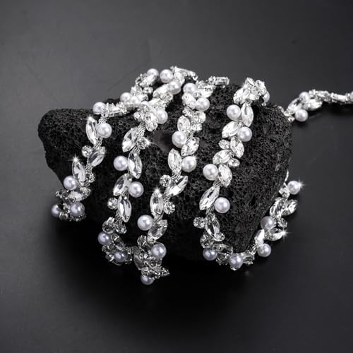 Novani Pearls Silver Rhinestones Trim Chain 3 Yards（T214,3Y）