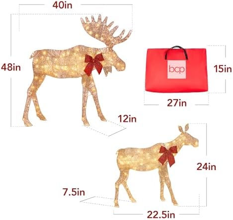 Best Choice Products 2D Moose Family Outdoor 2Pc Christmas Yard Décor, 4ft Lighted Yard Set Prelit All-Weather w/ 125 LEDs, Ground Stakes - Gold