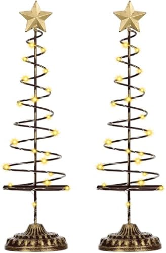 Set of 2 Lighted Christmas Tree Table Decoration with Golden Star Battery Operated Tabletop Prelit Mini Xmas Tree with LED Light up Desk Ornament for Home Mantel(Spiral,Gold)