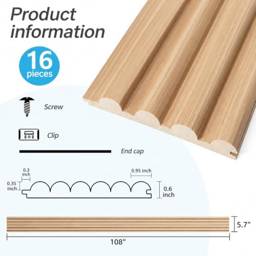 Art3d 108 x 5.7 in Fluted Wood Wall Paneling for Home Decor, Beaded Oak