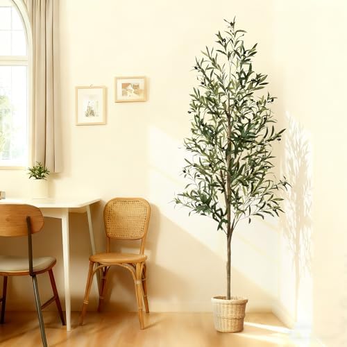 6ft Faux Olive Tree, Artificial Olive Tree Indoor, High Imitation Silk Plant Artificial Plants with Natural Wood Trunk and Lifelike Fruits for Home Office Decor