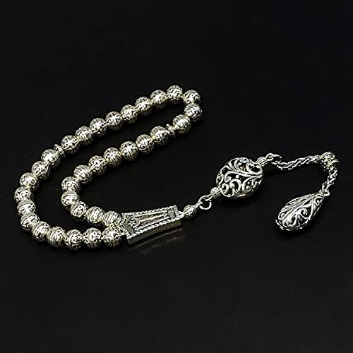 -Antique Silver Plated Collection-Worry Beads-Prayer Beads-Tesbih-Tasbih-Tasbeeh-Misbaha-Masbaha-Subha-Sebha-Sibha (Antique Silver Plated with Drop Tassel -8mm 33 Beads-)