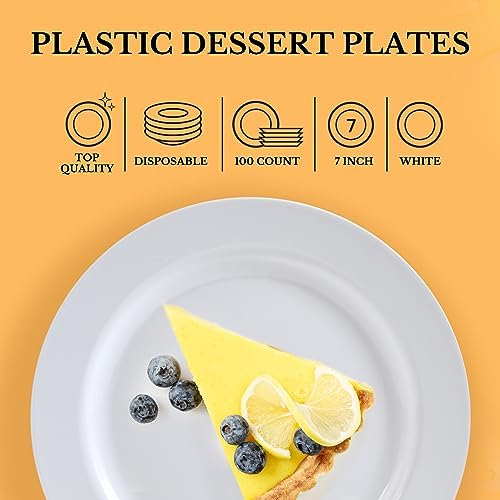 FOCUSLINE 100 White Plastic Plates, 7" Small Disposable Dessert Plates