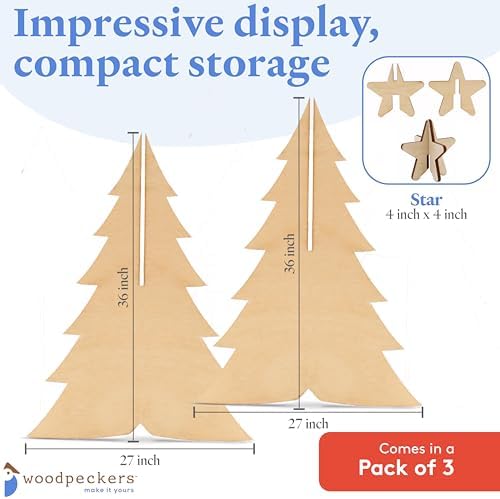 Wooden Christmas Tree, 36 Inch Wood Christmas Trees, Pack of 3 Christmas Wood Cutouts, Slotted 4 Piece, 3D Wooden Tree for Crafts, Party, Painting, Decor, Wood Tree Cutout, Christmas Ornaments