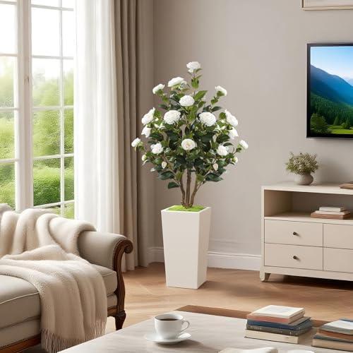 Romantic season 4FT Artificial Camellia Tree with White Tall Planter, Faux Camellia Plant Flower Tree for Modern Home Office Living Room Floor Décor Outdoor Indoor,White