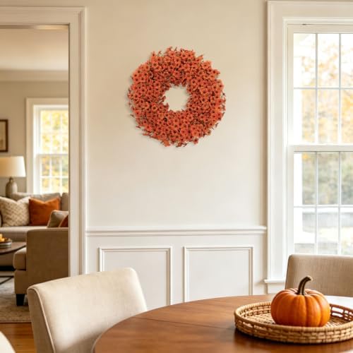 20" Orange Fall Wreath for Front Door, Artificial Mums Autumn Wreath