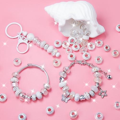 500 Pcs European Craft Beads Large Hole Spacer Beads, Assorted European Craft Bead White Rhinestone Lampwork Beads Large Hole Spacer Bead for DIY Charms Bracelet Necklace Jewelry Making Supplies