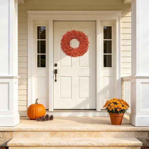 24" Orange Fall Wreath for Front Door, Artificial Mums Autumn Wreath
