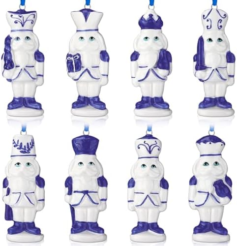Chunful 8 Pcs Blue White Porcelain Nutcracker Ornaments, 3.15 Inch Xmas