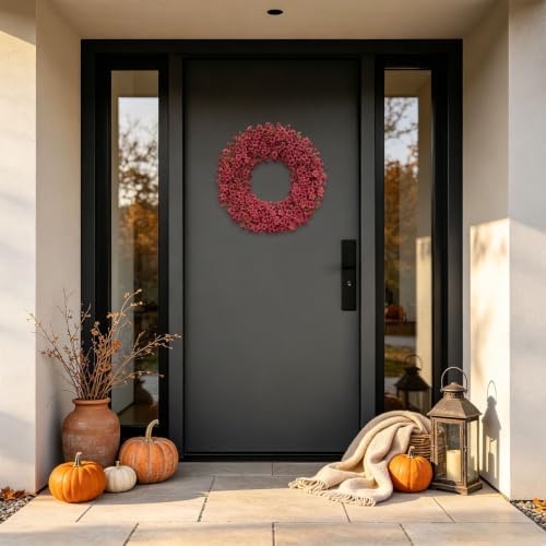 24" Burgundy Fall Wreath for Front Door, Artificial Mums Autumn Wreath