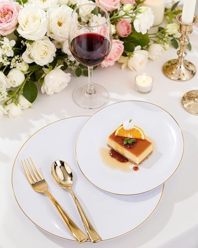 Nervure 100PCS White with Gold Rim Plastic Plates, 7.5″ Disposable Plates