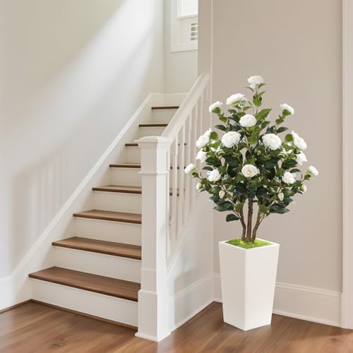 Romantic season 4FT Artificial Camellia Tree with White Tall Planter, Faux Camellia Plant Flower Tree for Modern Home Office Living Room Floor Décor Outdoor Indoor,White