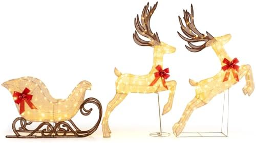 Tangkula 3-Piece Christmas Lighted Reindeer & Sleigh Set, Gold