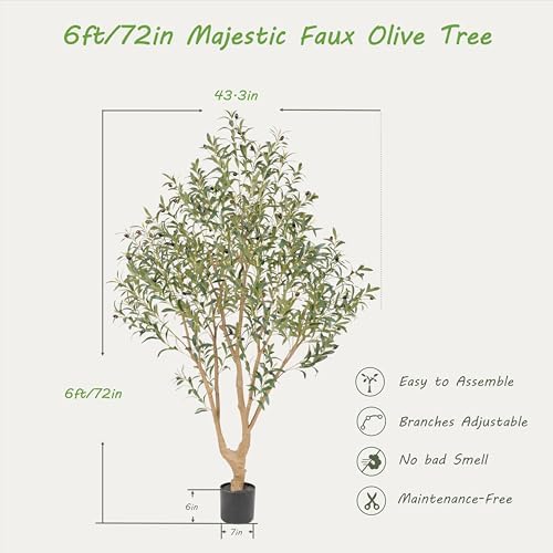 Nafresh Majestic Faux Olive Tree 6ft – Artificial Olive Tree Indoor & Outdoor with Lifelike Leaves & Textured Branches for Living Room, Office, Entryway,Patio