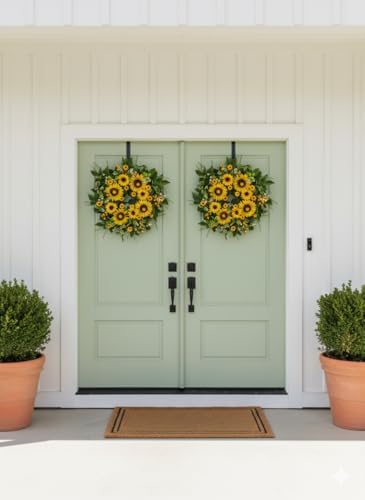 Sunflower Wreath for Front Door, 24 Inch Spring & Summer Wreath with Lifelike Sunflowers, Handmade Outdoor Wreath for Front Door, Spring Home Decor