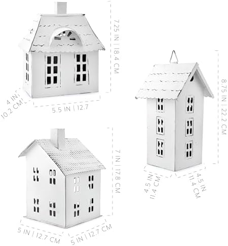 AuldHome Design Farmhouse Decor Tin Houses (Set of 3, White); Candle Lantern Decorative Holiday Christmas Village Display or Votive Holder