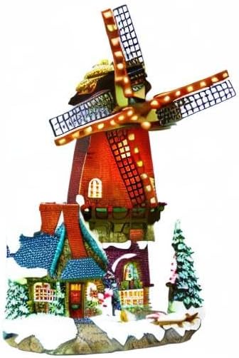 MOMENTS IN TIME Lighted Windmill Christmas Village Building LED Lights & Animation 12.2” Handcrafted House Battery Operated Holiday Decoration Gift Wrapped Ready