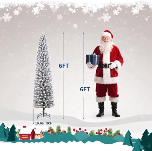 6Ft Pre-Lit Snow Flocked Pencil Christmas Tree, Fir Hinged Slim Skinny Corner Xmas Tree with 120 Incandescent Warm White Lights & Snow Branch Tips, White