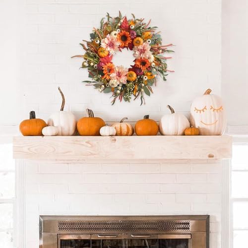 24 Inch Fall Wreaths for Front Door Artificial Flower Wreath with Sunflowers Pumpkin Leaves Large Autumn Farmhouse Wreath for Inside Outside Wall Porch Harvest Thanksgiving Day Decor