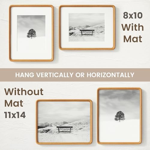 FLYJOE 11x14 Picture Frame, Solid Teak Wood Frame Matted for 8x10 Photos
