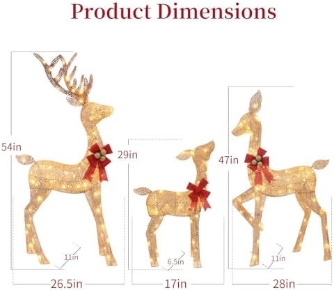 3-Piece Lighted Christmas Deer Family - HOLILITE 4.5ft 3D Pre-Lit Reindeer Outdoor Decorations with 210 LED Lights, Yard/Garden/Patio Holiday Display - Gold