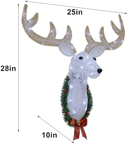 WATERGLIDE Lighted Christmas Wall Decor Reindeer Head, 28" Pre-Lit 3D Rudolph Hanging Wreath with Battery Operated, 8 Modes & Timer, Light Up for Front Door Window Indoor Outdoor Festive Xmas Holiday