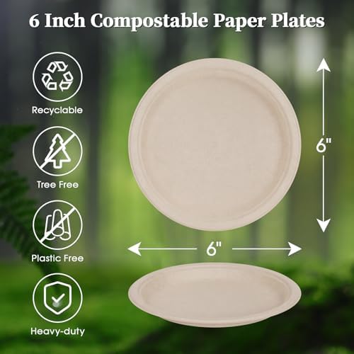 ECOLipak 6 in 500 Pack Natural Disposable Compostable Dessert Paper Plates