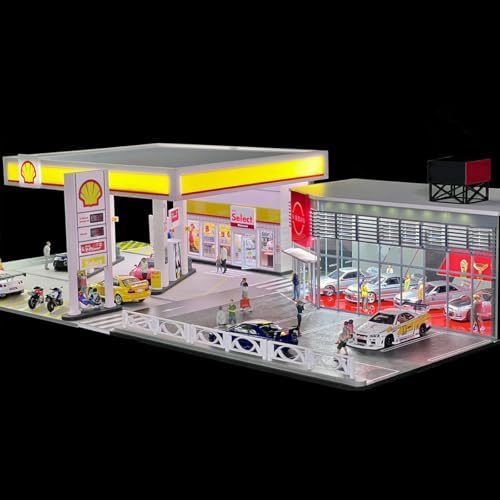 1/64 Shell Gas Station Display Case Gas Station DIY Miniature Model for Adults with LED Effects, Support Customizable and Expandable (1 Cars & 1 Figure Included)