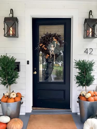 20" Pre-lit Halloween Black Moon Wreath with Poseable Skeleton, Handmade Halloween Wreath Decor for Home Front Door Porch Wall Hanging