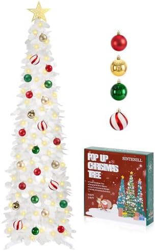 5 FT Pop Up Christmas Tree with Timer Lights and Decorations, White Artificial Tinsel Christmas Tree with 24 Ball Ornaments, Collapsible Pencil Tree for Home, Office, Holiday Party